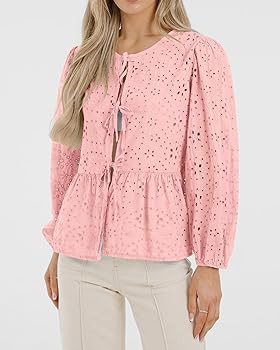 KIRUNDO Women Tie Front Babydoll Peplum Going Out Tops Cute Y2k Puff Sleeve Eyelet Lace Embroider... | Amazon (US)