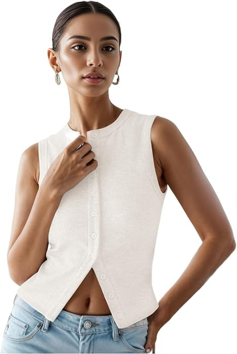 Womens Button Down Tank Tops Ribbed Summer Going Out Crop Vest | Amazon (US)