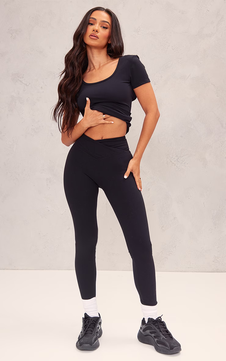 Petite Black Contour Sculpt Wrap Over Leggings | PrettyLittleThing UK