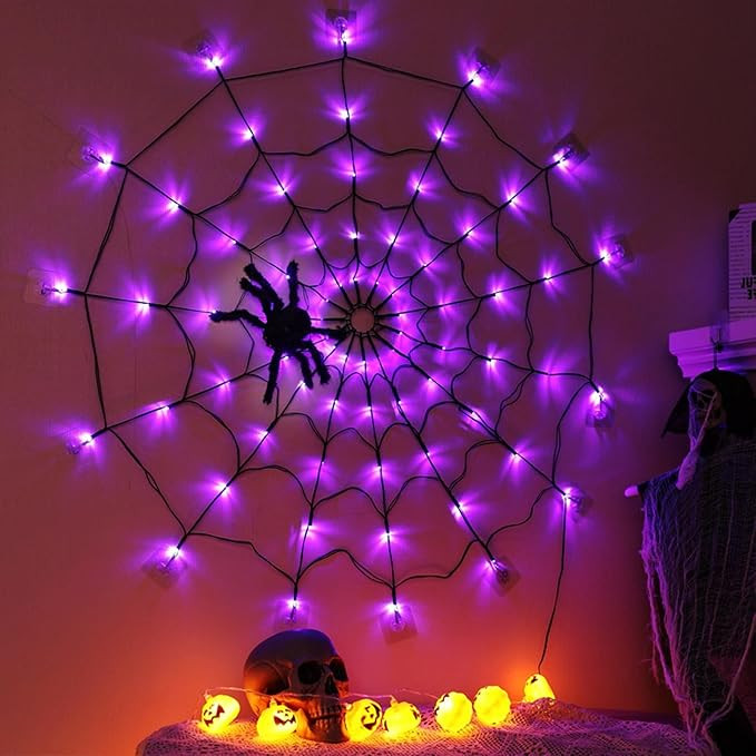 Halloween Decorations, 3.28FT 70LED Spider Web Lights with Black Spider, Battery Powered Hallowee... | Amazon (US)
