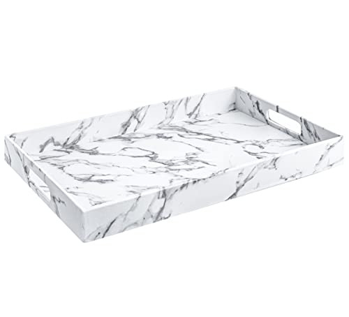 Home Redefined Modern Elegant 18"x12" Rectangle White Marble Faux Leather Tray Decorative Tray Ottoman Tray Coffee Table Perfume Living Room Kitchen Serving Tray with Handles for All Occasion's | Amazon (US)