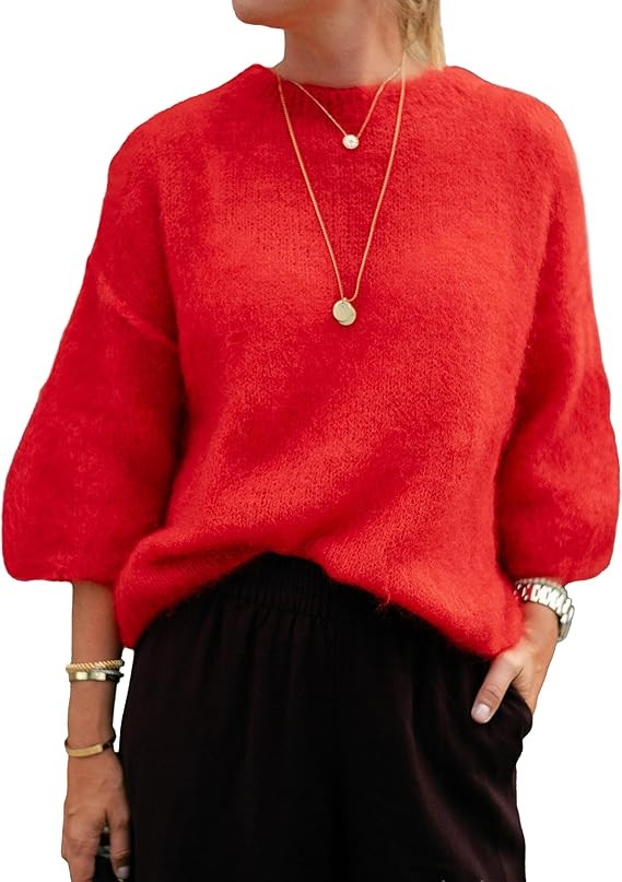 Womens 3/4 Length Sleeve Sweater Casual Loose Crew Neck Drop Shoulder Knitted Solid Jumper Top Sw... | Amazon (US)