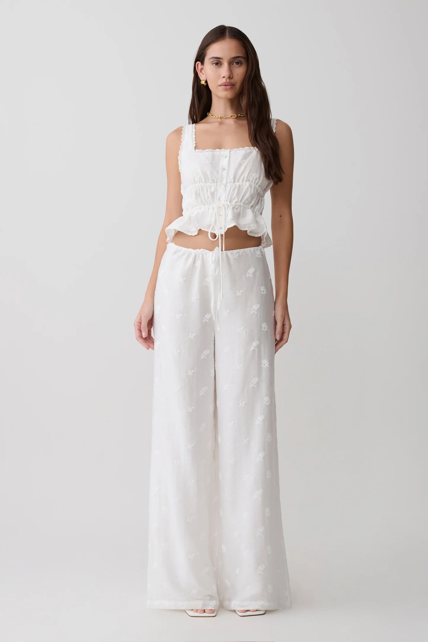 Vivian Tie Waist Embroidered Pant - White | MESHKI US