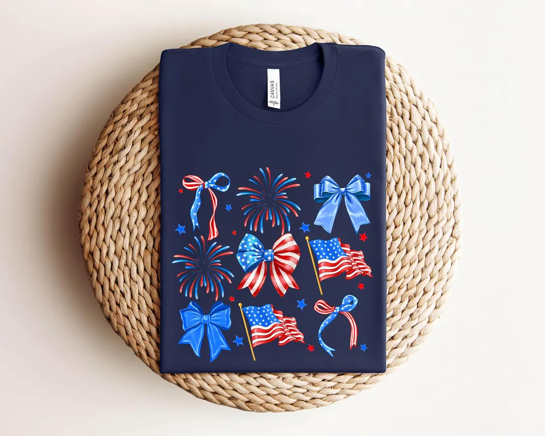 Coquette 4th of July Shirt, Patriotic Bow And Fireworks Tee, Cute USA Shirt, Red White Blue Aesth... | Etsy (US)