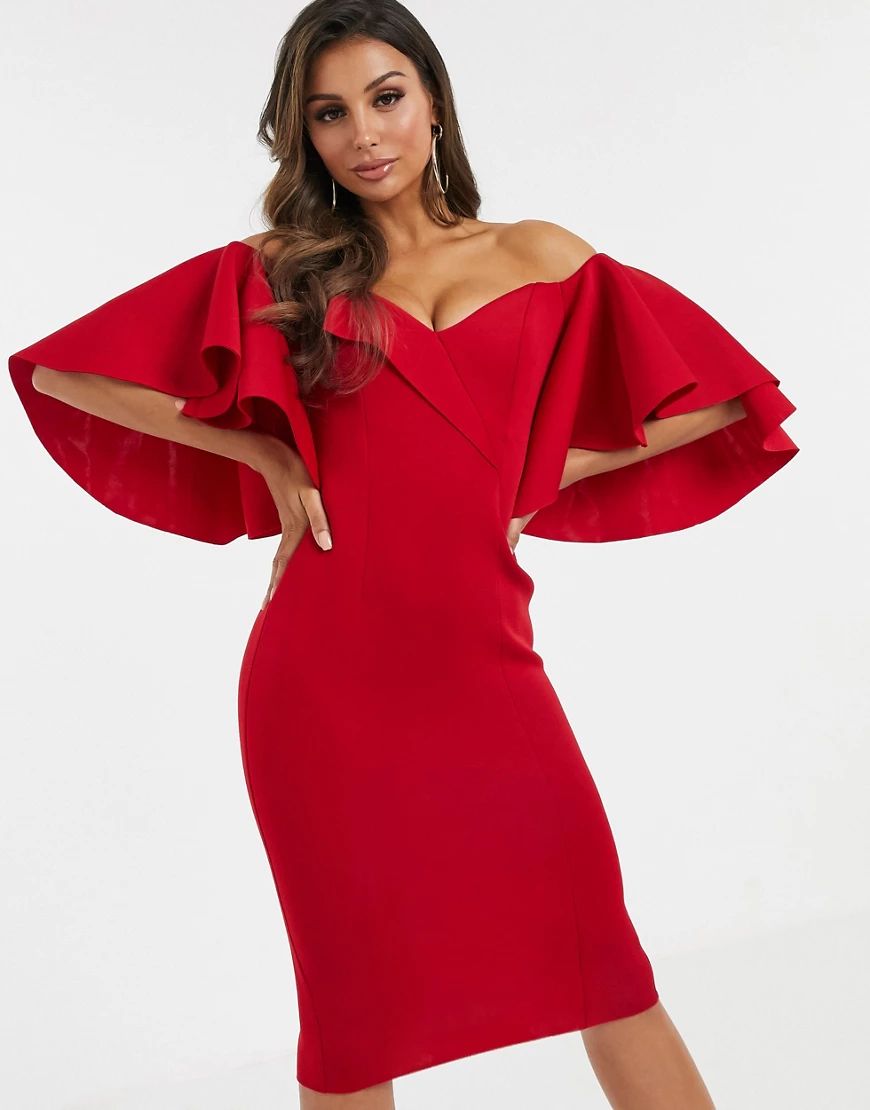 ASOS DESIGN cape flutter bardot midi dress-Red | ASOS (Global)