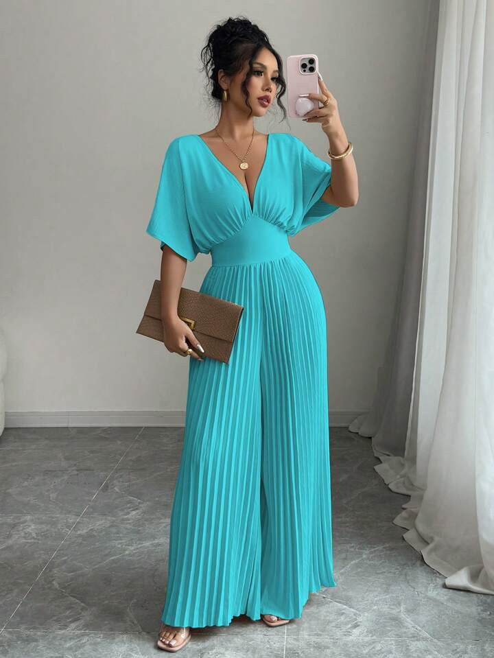 Elenzga Mono elegante de mujer de unicolor con cuello en V, mangas de murciélago y plisado | SHEIN