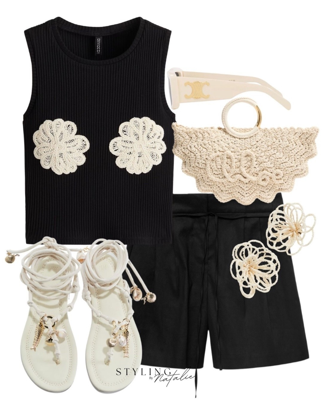 Flower appliquéd crop top, black linen shorts, charm sandals, Chloe crochet bag, flower earrings and celine sunglasses. Summer outfit, casual chic, heatwave look, vacation outfit, holiday style.

#LTKeurope #LTKuk #LTKstyletip