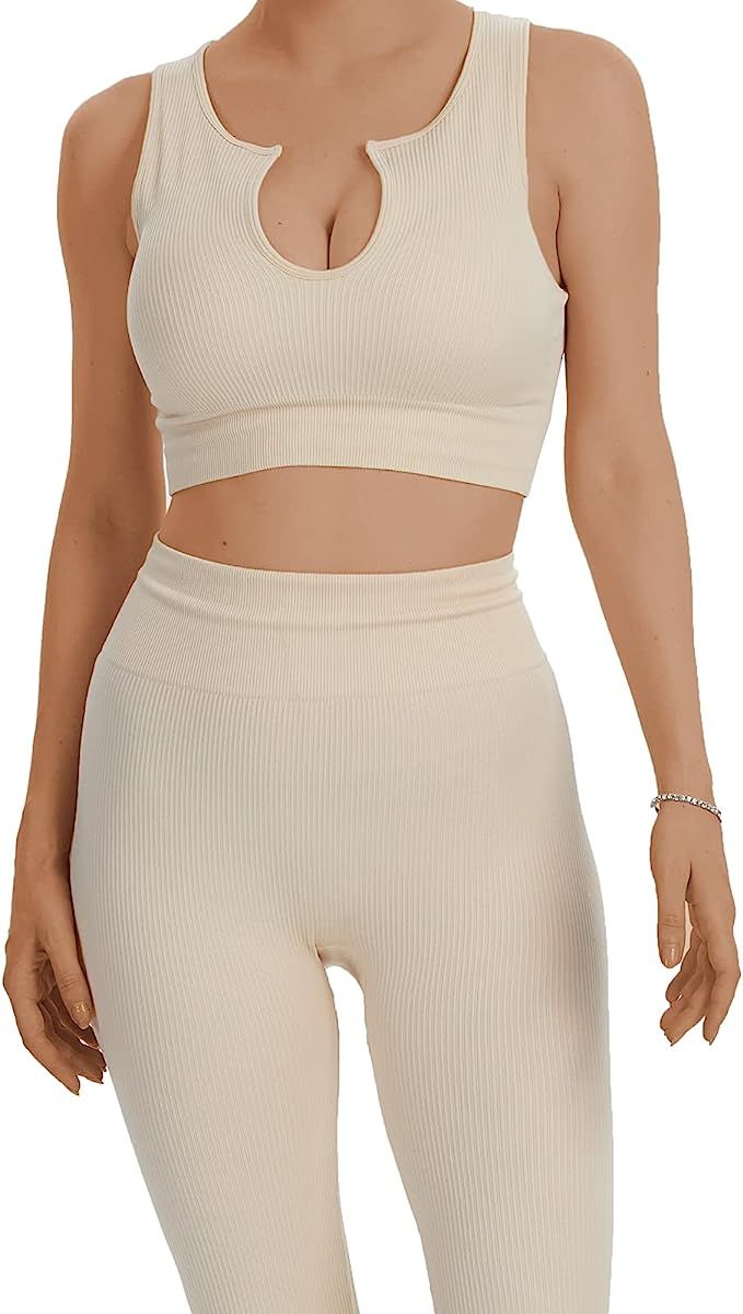 JOJOANS Workout Sets for Women 2 Piece Ribbed Seamless Workout Outfits High Waist with Sports Bra... | Amazon (US)