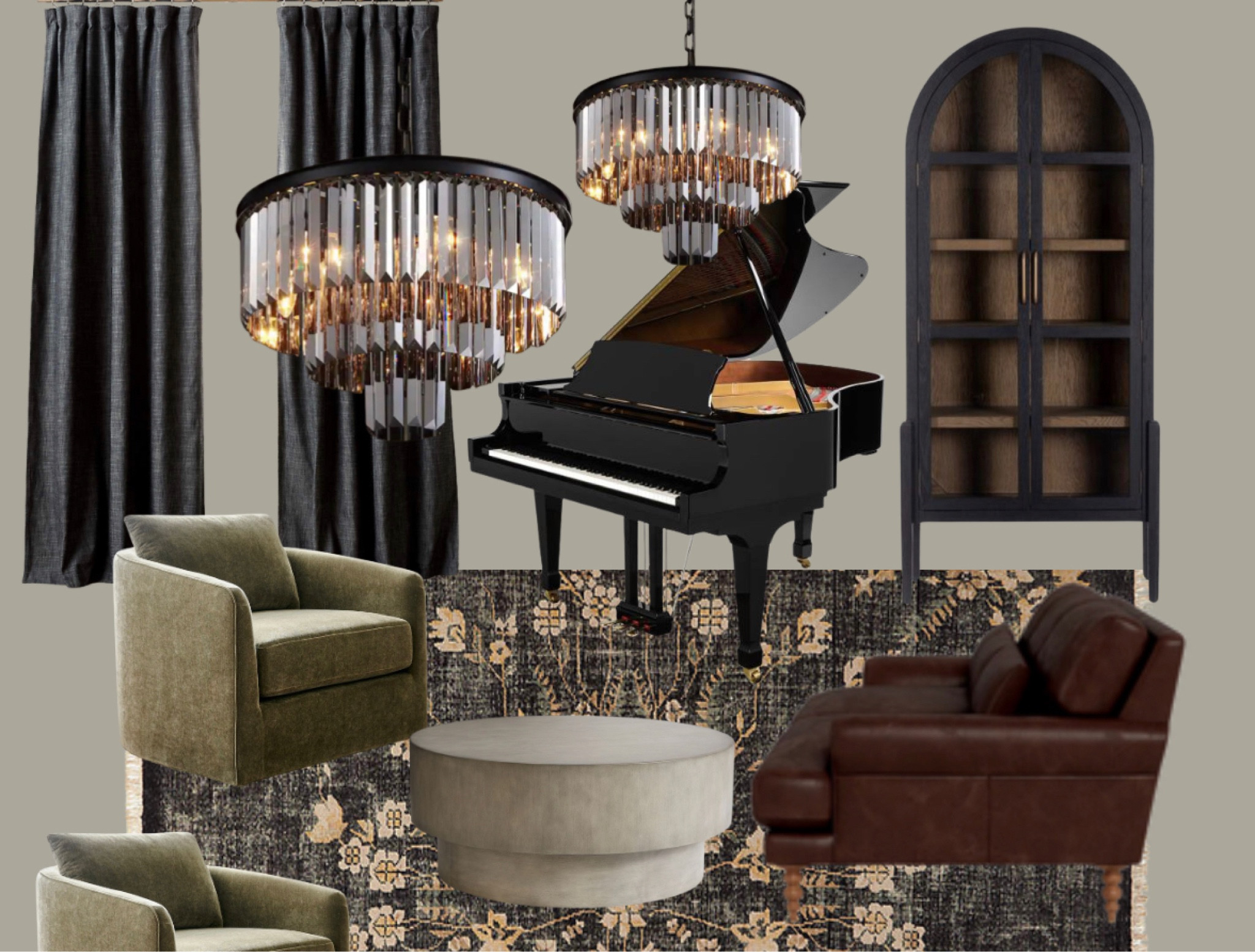 Masculine and sophisticated Mood Board for my brothers living space and his Parlor Grand piano

My favorite part of this design: The floral rug which will be a beautiful nod to his future Japanese cherry blossom inspired office. I also love the smoked glass lighting that adds luxe and glamour while contributing to the overall dark and moody feel and at a great price point. 

#LTKhome
