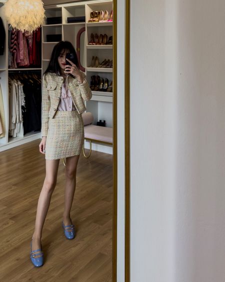 #coquette but make it boujee old money. Internet old money, of course. Old money or not, this butter yellow tweed skirt suit fit is the way we dress to impress this season. Pair with cute blue slingbacks for an ultimate look that brings compliments when you need to dress to impress

#LTKSeasonal #LTKVideo #LTKShoeCrush