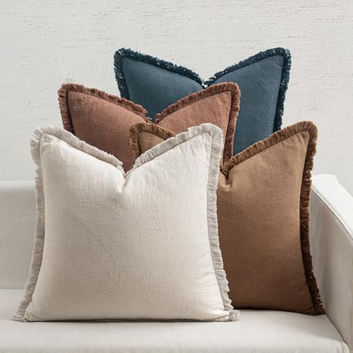 MIULEE Decorative Couch Pillow Covers Neutral Linen Fringe Throw Pillows Set of 4 Modern Rustic Cushions Boho Farmhouse Pillowcases for Bed Sofa Living Room Spring Decor 18x18 Inch Beige/Brown/Blue | Amazon (US)