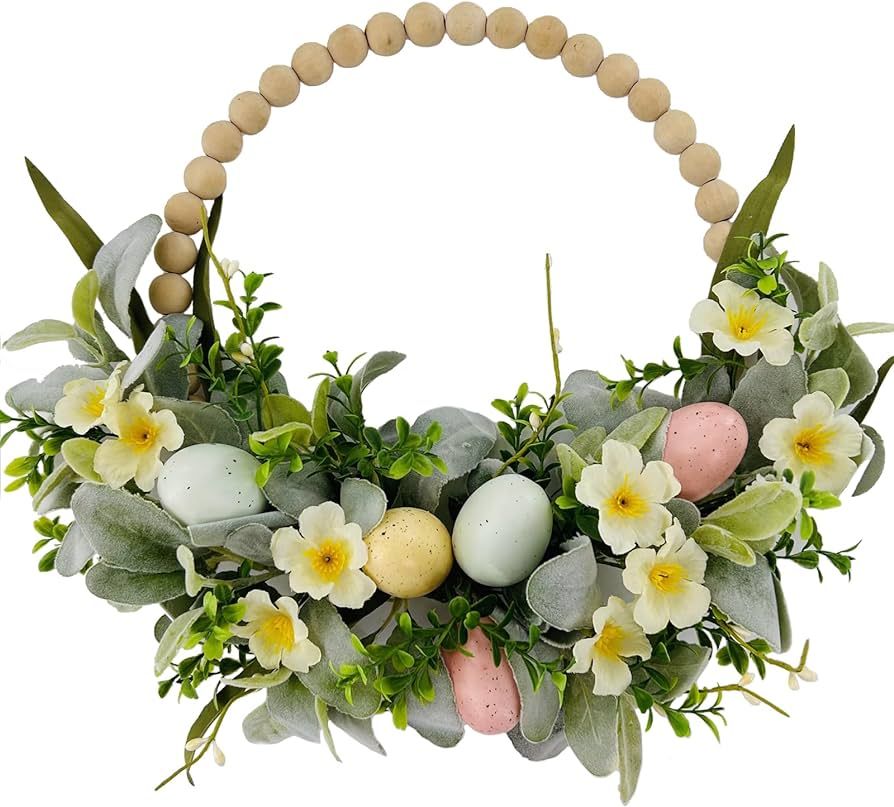 Easter Wooden Bead Wreath Spring Artificial Flower Wreath Egg Wreath Eggplant Wooden Bead Wreath ... | Amazon (US)