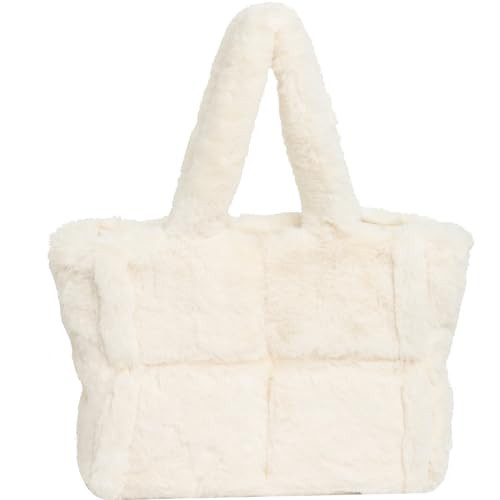 JANSBEN Fluffy Tote Bag for Women, Furry Faux Fur Bag Winter Plush Clutch Handbag White Large Shoulder Top Handle Purse | Amazon (US)