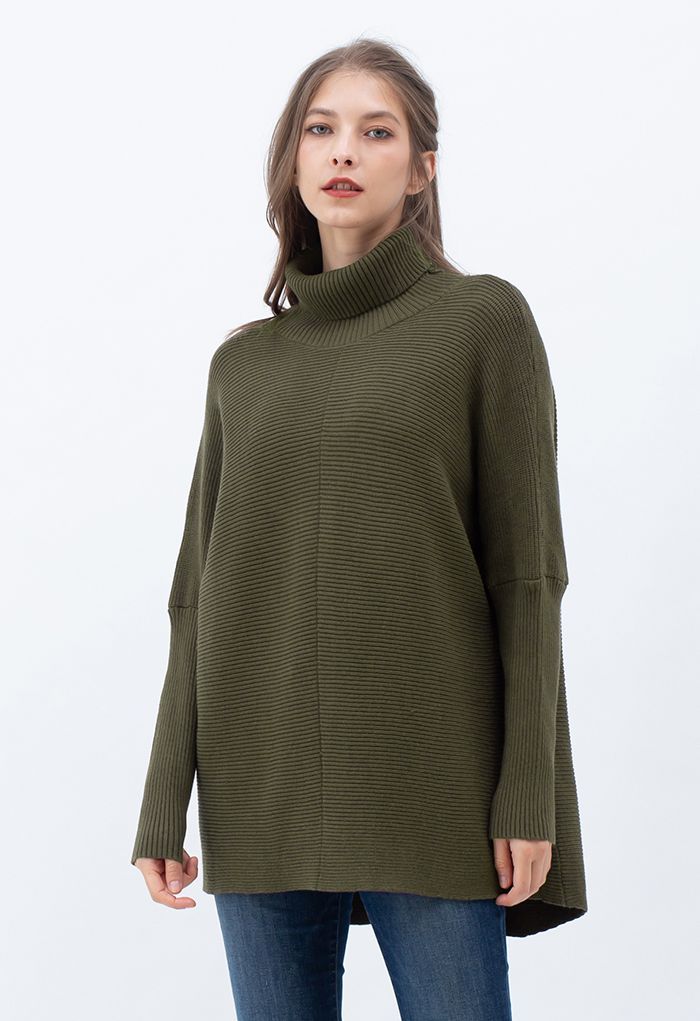 Effortless Chic Turtleneck Batwing Sleeve Hi-Lo Sweater in Army Green | Chicwish