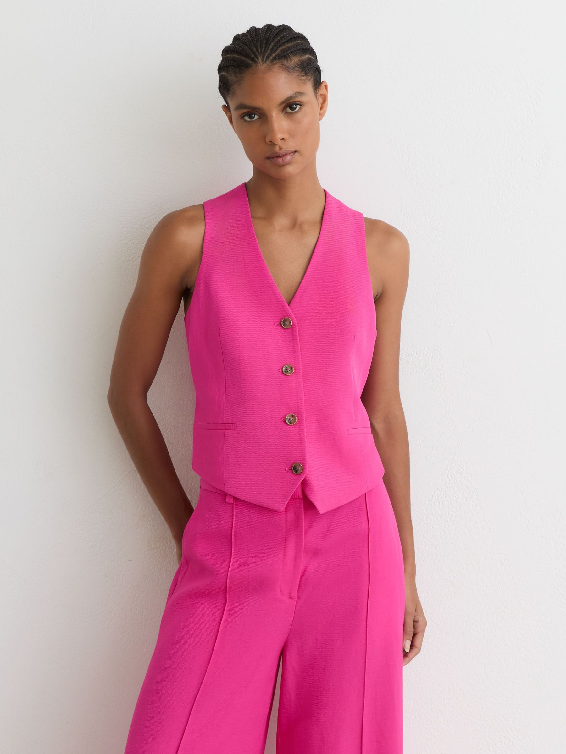 Reiss Button-Through Tailored Waistcoat with Linen in Pink | REISS | Reiss DE