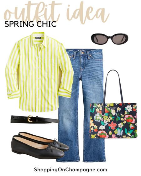 Spring Outfit! Start with a crisp striped button-front shirt over jeans. Add a black belt, ballet flats, and sunglasses. Complete the look with the colorful floral print statement piece, a Kate Spade tote.✨


#LTKworkwear #LTKSeasonal #LTKstyletip