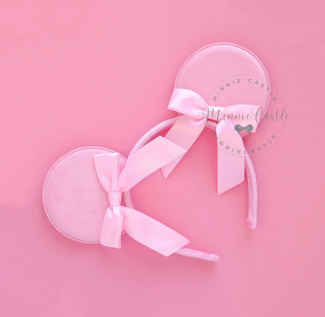 Mouse Ears Pink Satin Bow With Long Tail Ribbon, Minnie Ears Headband, Pink Mickey Ears, Non-glit... | Etsy (US)