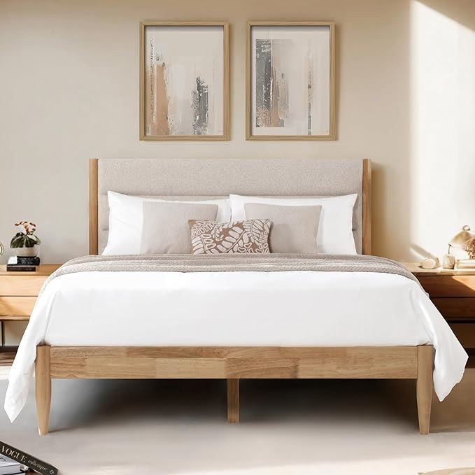 Wood Bed Frame with Upholstered Headboard Wooden Platform with Silent Slat Support Mattress Found... | Amazon (US)
