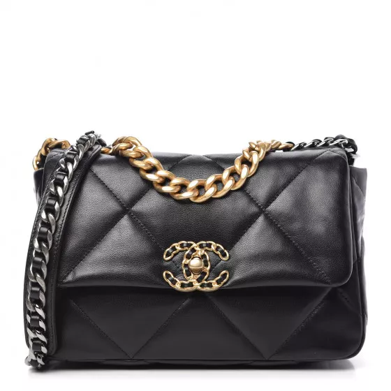 CHANEL Shiny Goatskin Quilted Small Chanel 19 Pouch With Handle Black, FASHIONPHILE