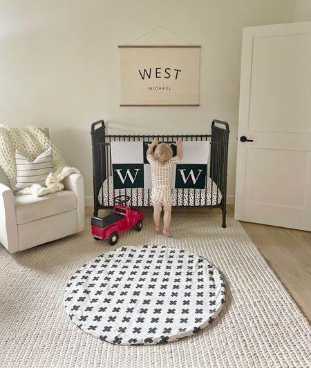 BOYS \ simple farmhouse nursery🤍 Added a new custom name canvas about the crib and it’s 👌🏻 (24”x36”)

Kids room
Bedroom
Glider chair 
Rug
Home decor 
Baby gift 

#LTKbaby #LTKhome #LTKkids