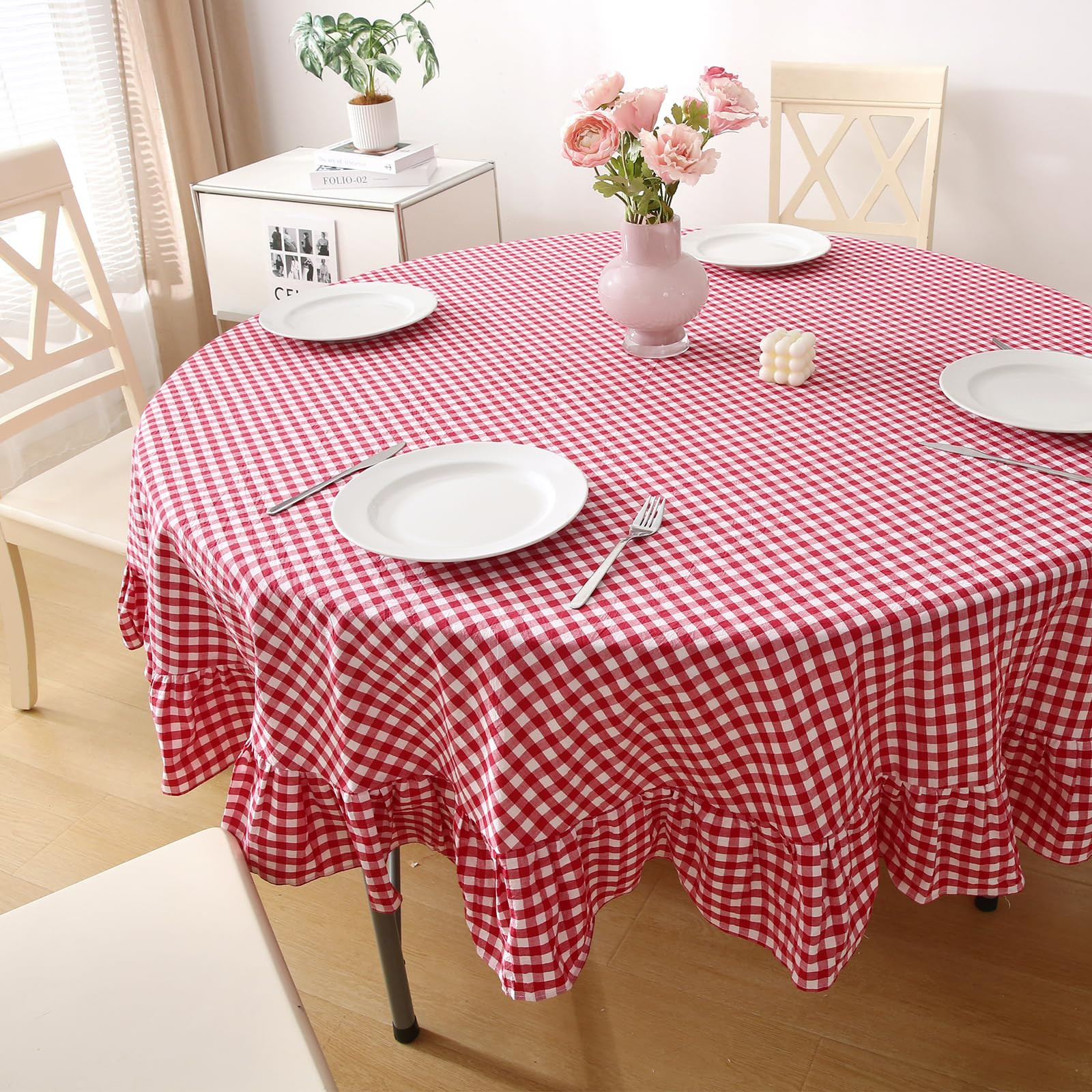 100% Cotton Red Plaid Ruffled Table Cloth Round Cover, Dia.70 in Farmhouse Checker Gingham Vintag... | Amazon (US)