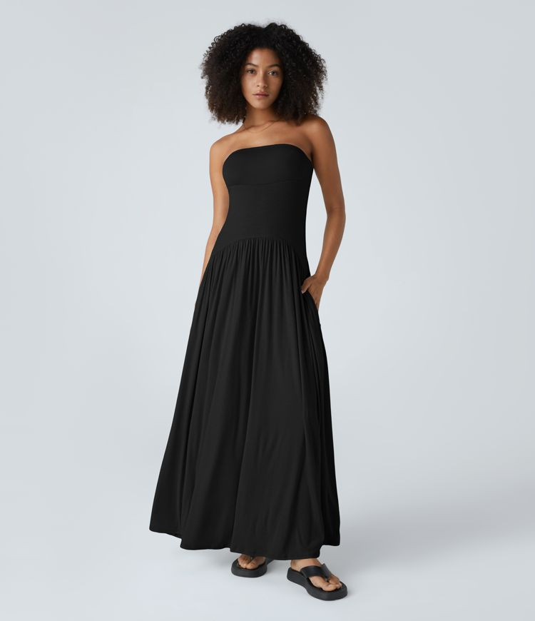 Ribbed Tube Backless Plicated Side Pocket Maxi Casual Dress | HALARA