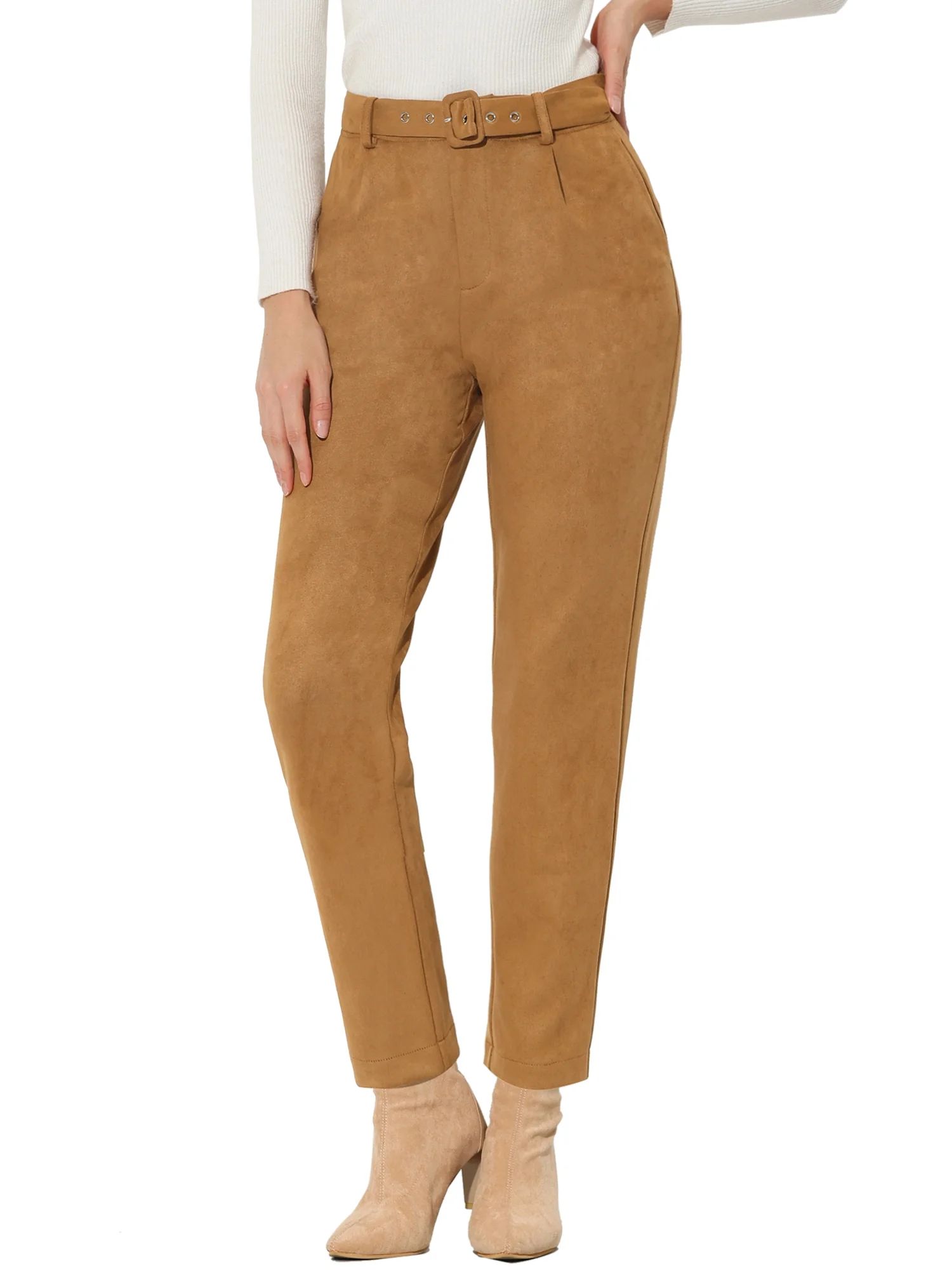 Allegra K Women's Faux Suede Pants Casual High Waist Belted Straight Legs Trousers - Walmart.com | Walmart (US)