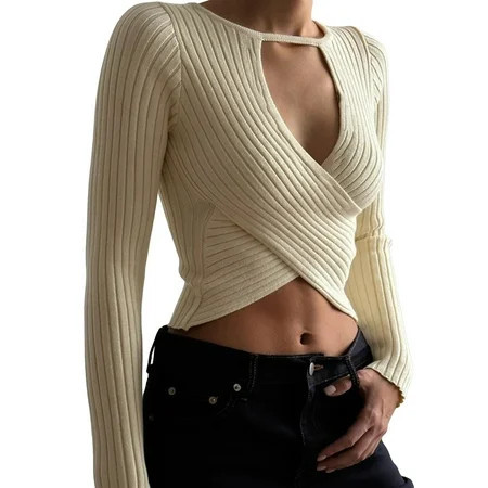 jxxiatang Crop Knit Tops for Women: Ribbed with Cross Cutout | Walmart (US)