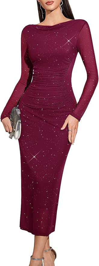 HomRain Women's Sequin Mesh Maxi Dress Long Sleeve Bodycon Dresses for Fall Party Holiday Club Ou... | Amazon (US)