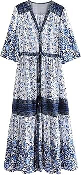 Womens Retro V Neck Tassel Long Sleeve Flowy Printed Bohemian Midi Dresses | Amazon (US)