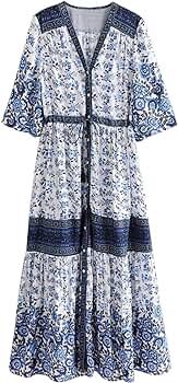 Womens Retro V Neck Tassel Long Sleeve Flowy Printed Bohemian Midi Dresses | Amazon (US)