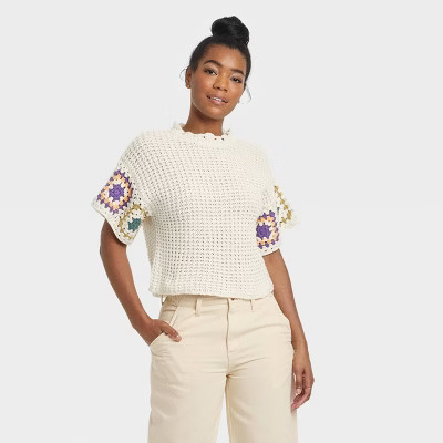 Women's Short Sleeve Crewneck Crochet Pullover Sweater - Universal Thread™ | Target