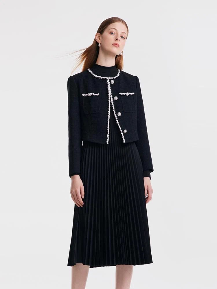 Tweed Jacket And Pleated Dress Two-Piece Suit | GOELIA