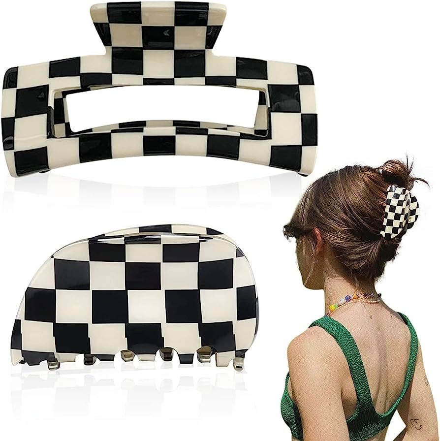 Checkered Hair Clip, Claw Banana Clips for Thick Hair Black White Jaw Clips French Tortoise Shell... | Amazon (US)