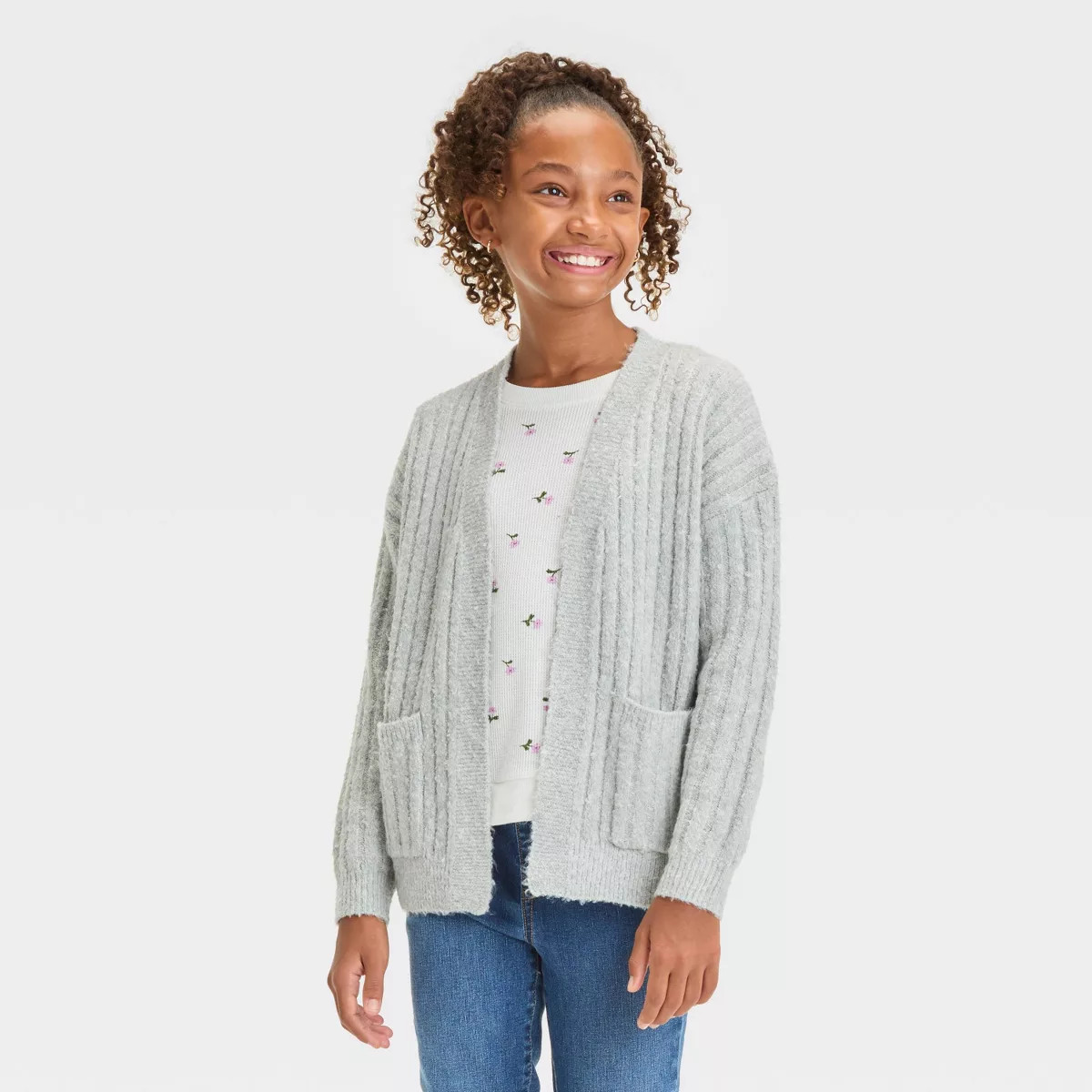 Girls' Rib Pocket Open Layering Cardigan - Cat & Jack™ Heather Gray | Target