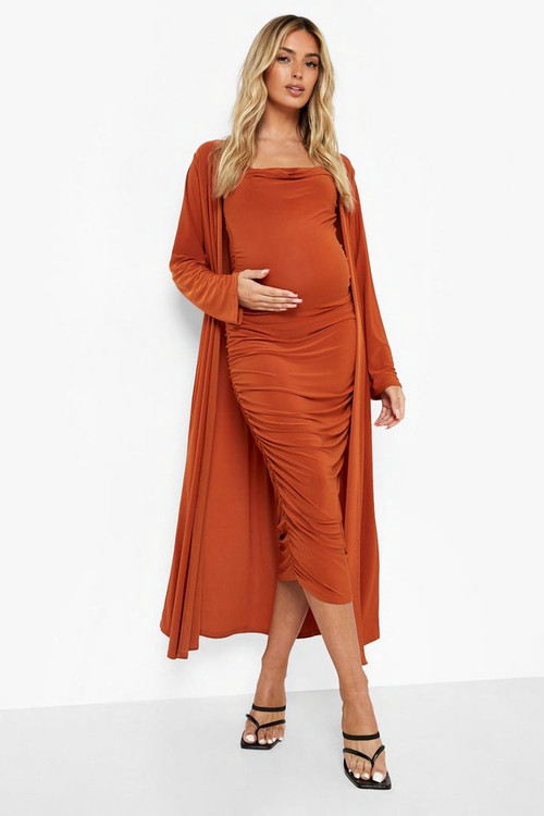 Maternity Strappy Cowl Neck Dress And Duster Coat | Boohoo.com (US & CA)
