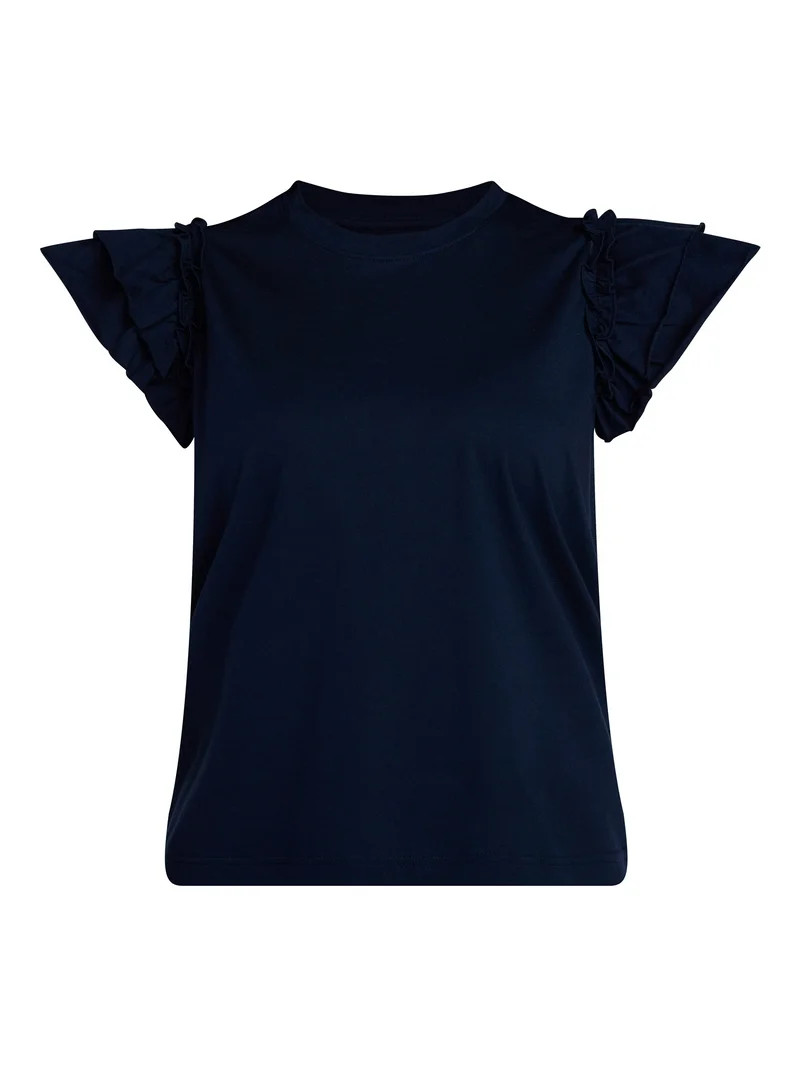 Time and Tru Women's Cotton Crewneck Tee with Ruffle Flutter Sleeves, Sizes XS-XXXL | Walmart (US)