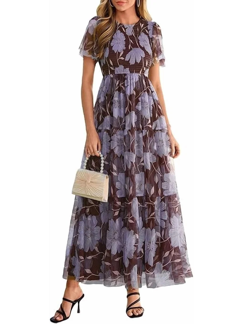PRETTYGARDEN Tulle Floral Dress Women Summer Wedding Guest Spring Short Sleeve Maxi Smocked Flowy... | Walmart (US)