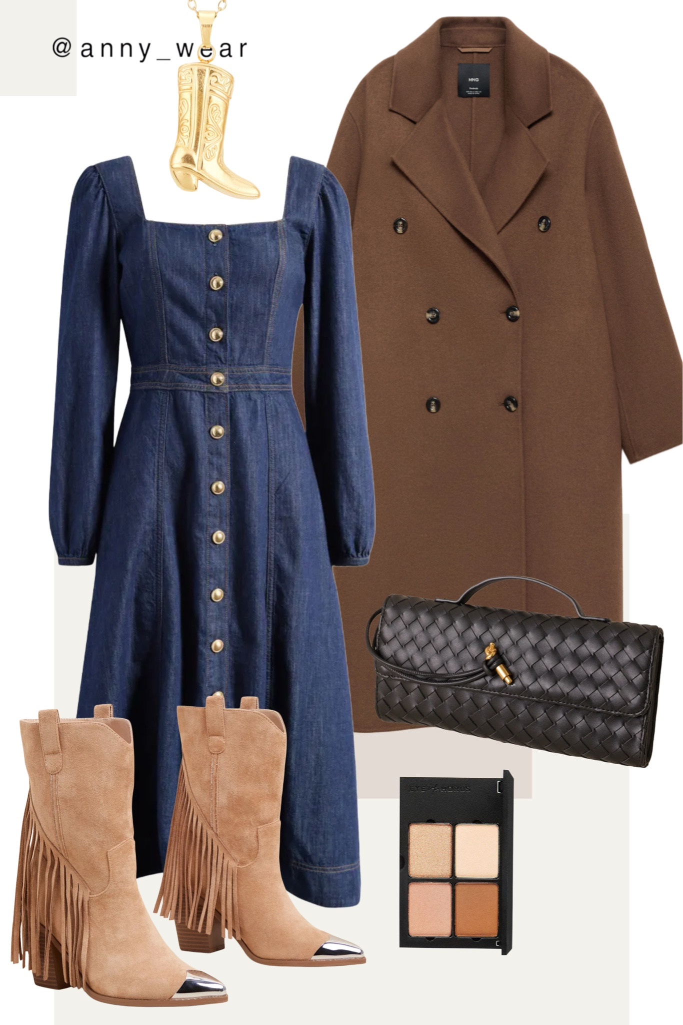 Office outfit 

Denim dress 
Brown coat 
Brown boots 
Black clutch 
Gold necklace 
Eyeshadow Compact
Charm Necklace
Black Woven Clutch
Taupe Suede boots 
Fringe boots 
Double breasted wool coat
Long Sleeve Denim dress 
work outfit 2025 
denim dress outfit
denim dress winter
black denim dress
denim mini dress
denim shirt dress
denim midi dress
spring office outfits 
workwear capsule 
work party outfit
workwear city outfits 
date night outfits midsize
gray outfit
paris outfit winter 
work outfit winter
winter work wear 
winter office
winter capsule wardrobe 
winter work
casual womens christmas outfit 
europe winter outfits 
workwear winter
winter holiday party looks
new york winter outfits 
nyc winter outfits 
winter workwear
paris winter outfit 
work christmas party outfit 
winter capsule wardrobe
cowboy boots
western boots
western outfits
western fashion
western dress
western chic
western wear
western style
western winter outfits 
Mango outfits sunday brunch going out outfits photoshoot outfits dinner date outfit ssense work party outfit paris outfit casual wardrobe europe outfits saks 5th avenue new york outfits city street styles new york city ltku over 40 capsule wardrobe popular today summer looks city outfits saksfifthavenue casual spring outfit classy casual everyday necklace western belt western tops cowboy boots outfit cowboy hat cowboy chic cowboy boots and jeans cowboy boots dress cowboy trucker hat cowboy booties cowgirl outfit cowgirl chic cowgirl dress disco cowgirl cowboy outfit western outfits western fashion western wear western dress nashville outfit summer nashville outfits music festival outfit nashville outfits winter festival outfits nashville outfits fall nashville style nashville night outfit nashville winter nashville fall outfits nashville bachelorette outfits western skirt western chic western booties country music festival outfit country festival outfit rodeo fashion rodeo outfits rodeo season looks rodeo dress rodeo looks rodeo outfit rodeo party rodeo style #LTKworkwear #LTKstyletip #LTKover40 #LTKU #LTKfindsunder50 

#LTKShoeCrush #LTKMidsize #LTKSaleAlert