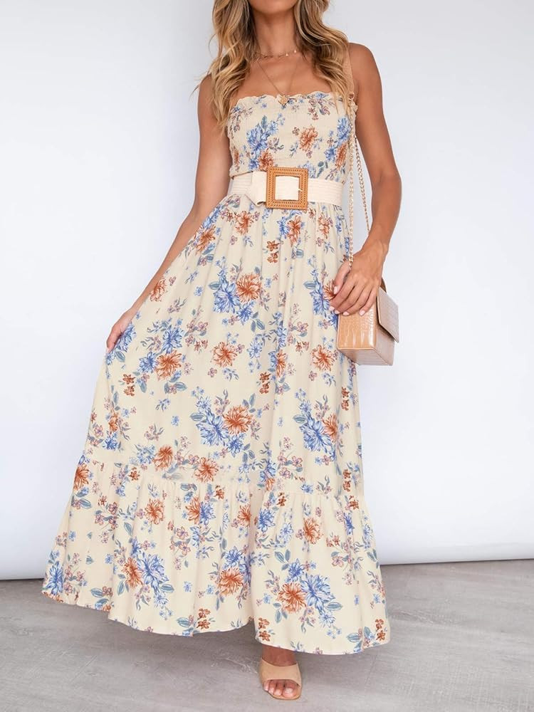 ZESICA Women's Summer Bohemian Floral Printed Strapless Beach Party Long Maxi Dress | Amazon (US)