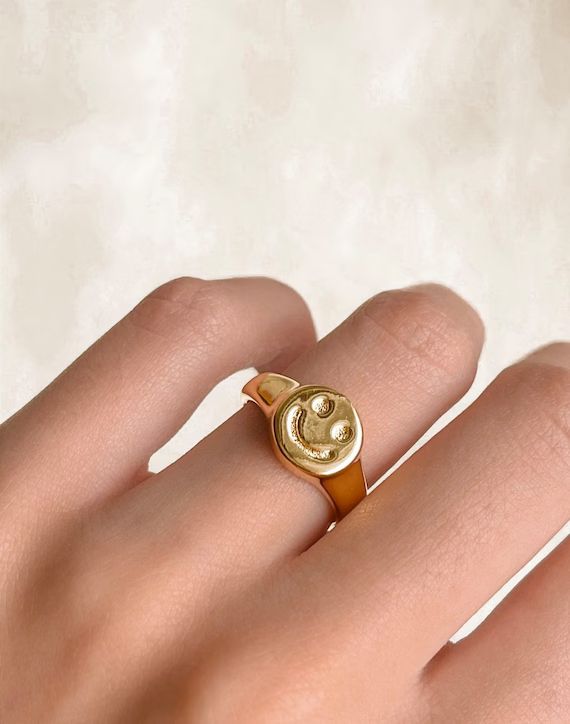 Smiley Face Ring | Smile Ring, Happy Face Ring, Adjustable Back Ring, Gold Plated Ring, Adjustabl... | Etsy (US)
