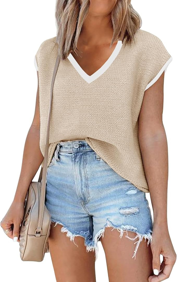 SAUKOLE Women's Sleeveless Sweater Vest Casual V Neck Cap Sleeve Knit Pullover Tank Tops 2024 Spr... | Amazon (US)