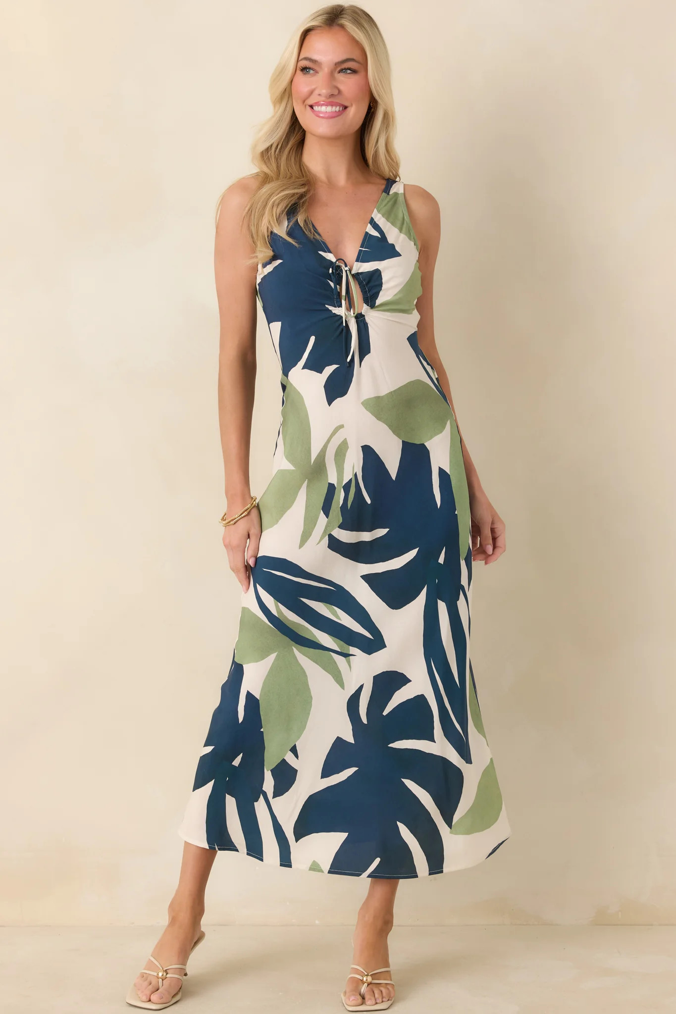 MINKPINK Azure Green & Blue Palm Leaves Key Hole Midi Dress | Red Dress