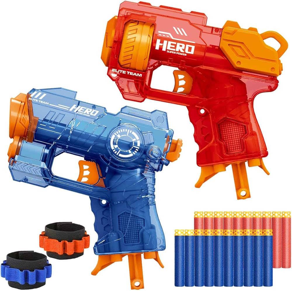 2 Pack Mini Blaster Guns Set for Nerf, Small Toy Pistol for Boys with 20 Refill Foam Darts, 2 Wri... | Amazon (US)