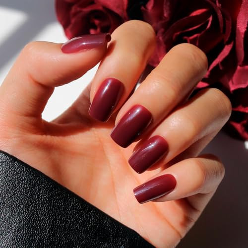 Glamnetic Press On Nails - Cherry Mocha | Dark Red Medium Square Fake Nails with a Glossy Finish, Salon Quality Halloween Nails | 15 Sizes - 30 Nail Kit with Glue | Amazon (US)