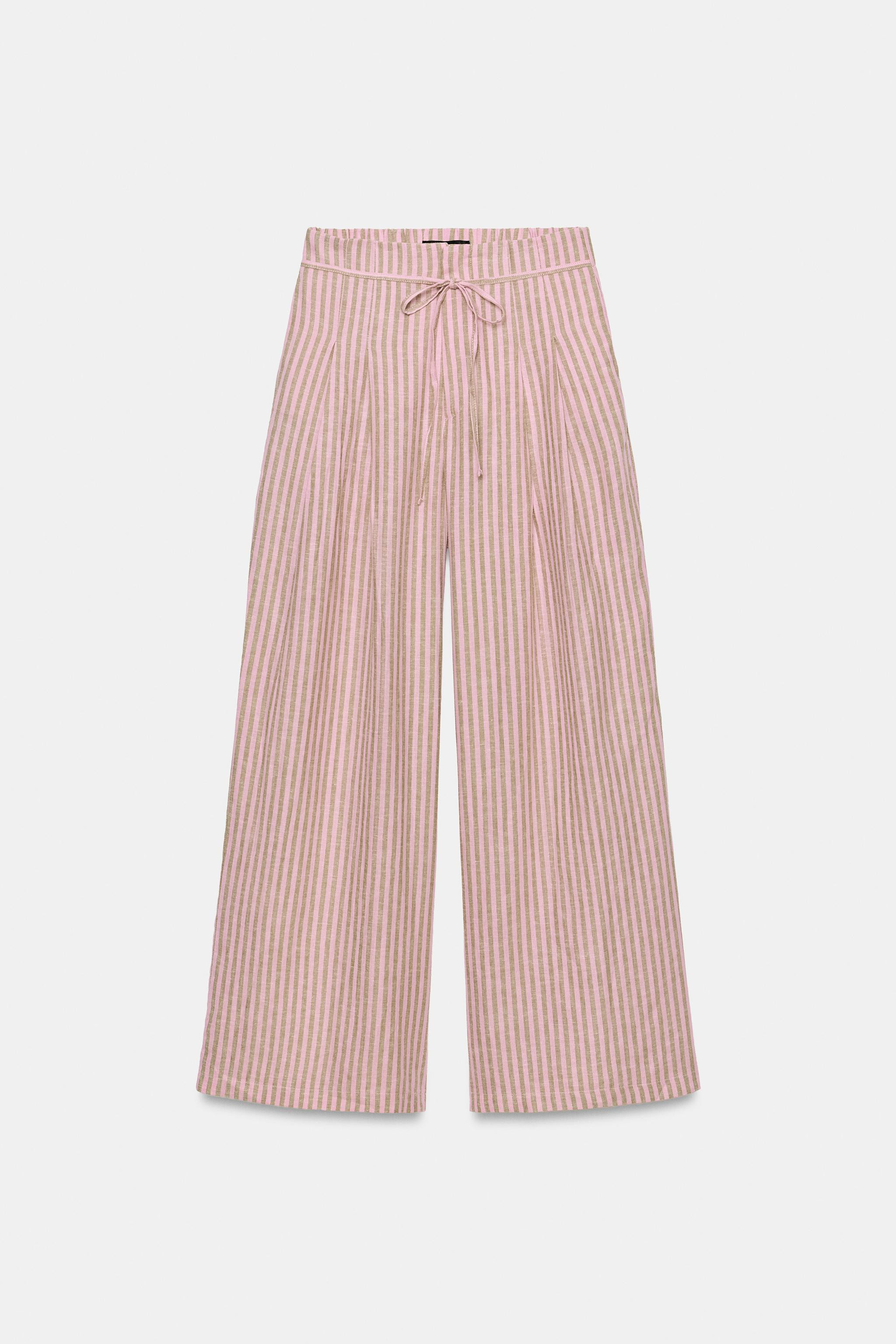STRIPED DRAWSTRING LINEN BLEND TROUSERS | Zara UK