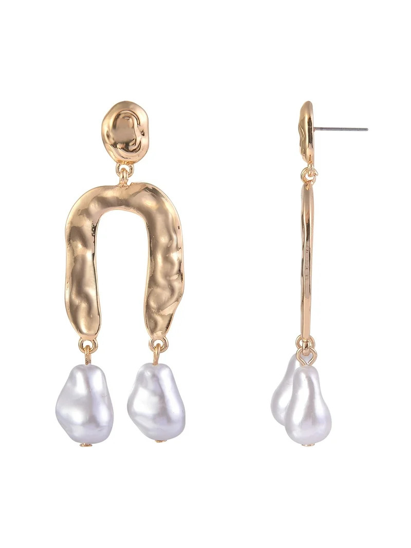 Time and Tru Women's Hammered Metal Acrylic Pearl Goldtone Post Drop Earrings | Walmart (US)