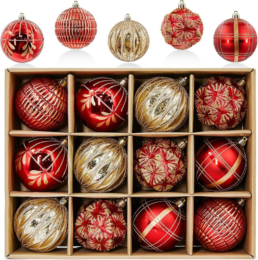 12PCS Christmas Tree Ornaments 80MM Shatterproof Red and Gold Ornaments for Christmas Tree Decora... | Amazon (US)