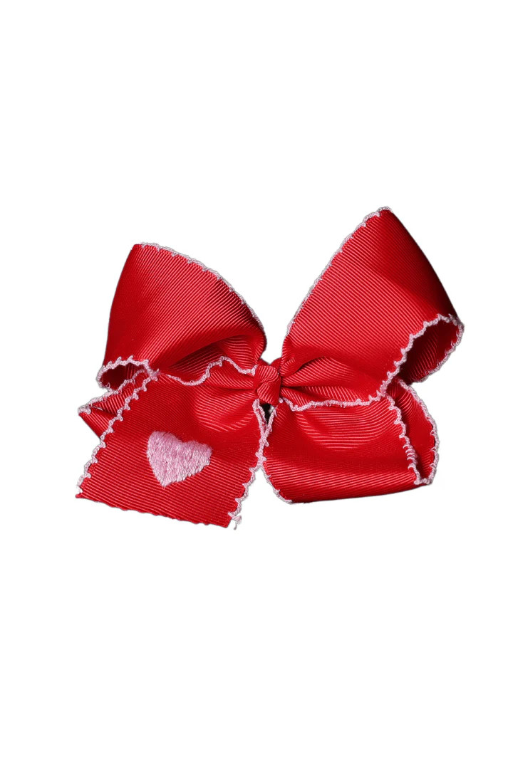 Embroidered Heart Scalloped Edge Grosgrain Bow Red/Pink | The Smocked Flamingo