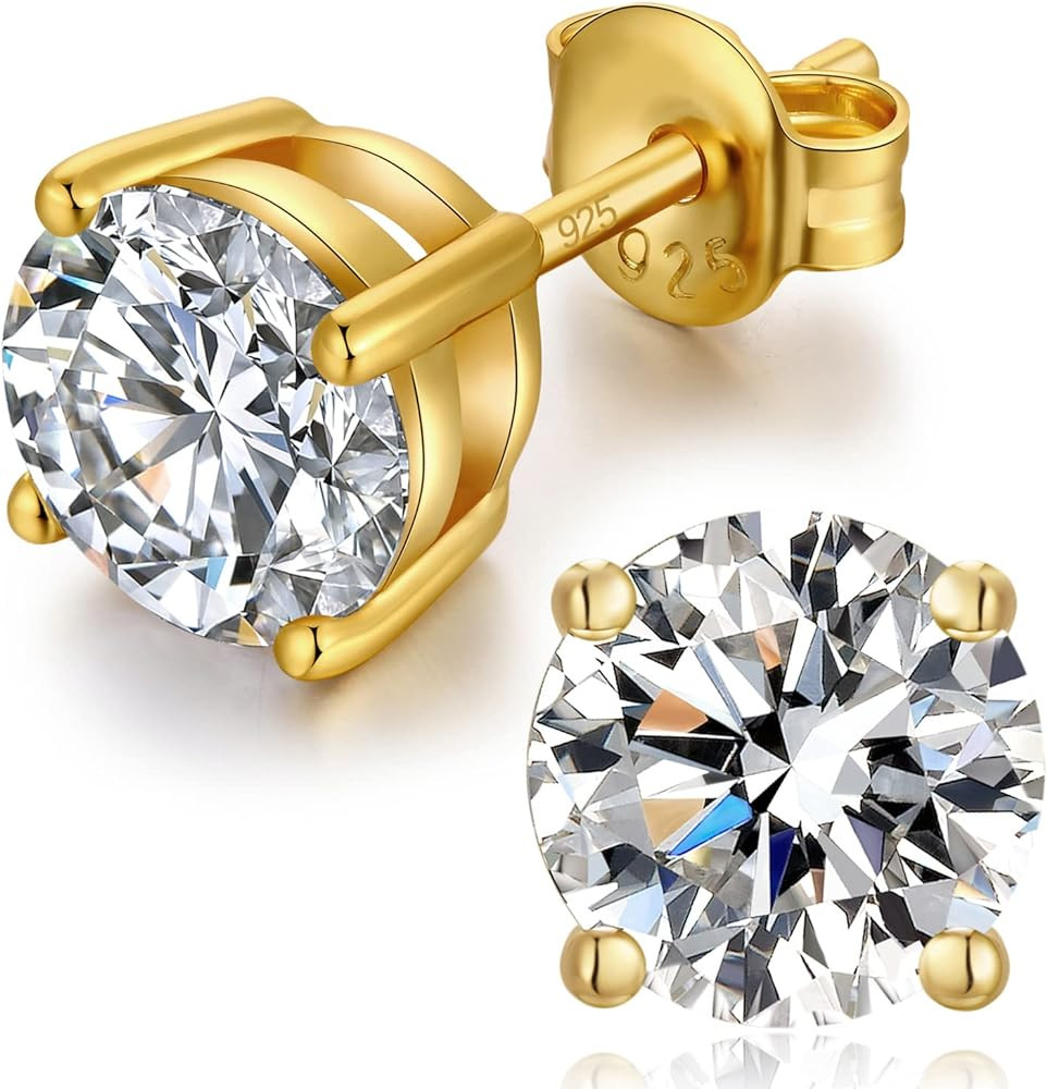 18K White Gold Plated CZ Cubic Zirconia Simulated Diamond Sparkly Round Stud Earrings 925 Sterlin... | Amazon (US)